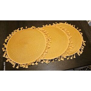Homeware Yellow‎ Round Straw Woven Placemats 15" Set 6 Tassel Embellished Beach